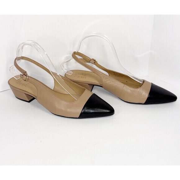 Naturalizer Banks Slingback Mule Low Heels Cap Toe Tan Black Leather Pointed 10 - Picture 4 of 16